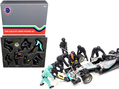 Formula One F1 Pit Crew 7 Figurine Set Team Black for 1/18 Scale Models by American Diorama  free shipping USA
