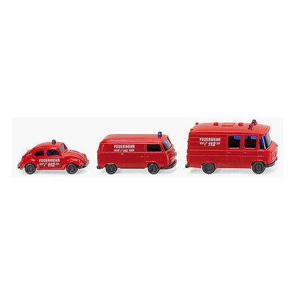 Wiking 93449 N Scale 1970s Fire Service Vehicle Set -- Mercedes-Benz RTW, Volkswagen MTW Vans & VW Beetle Elf (red, German Lettring)