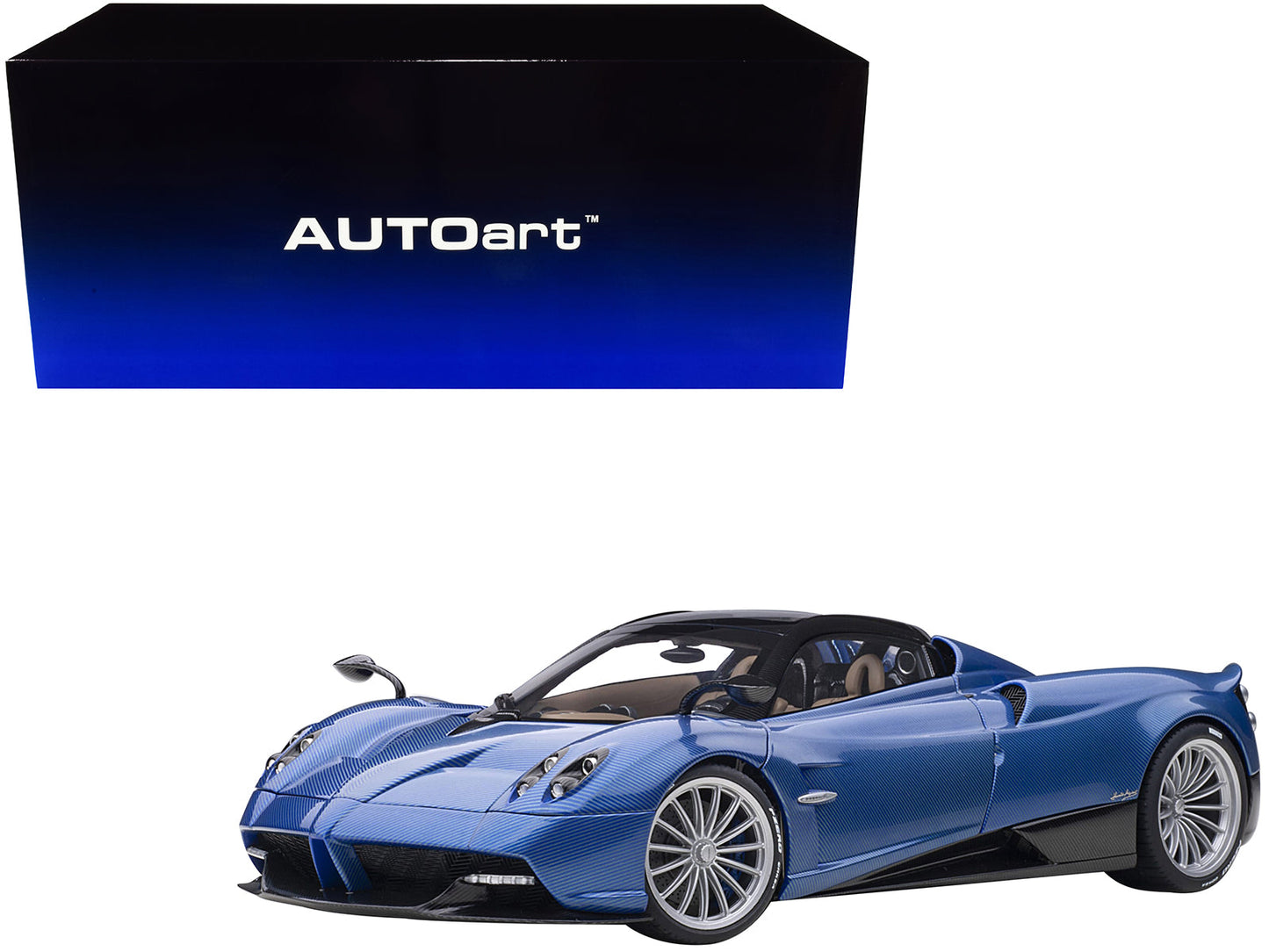 Pagani Huayra Roadster Blue Tricolore Carbon Fiber with Black Top with Luggage Set 1/18 Model Car by Autoart  free shipping USA