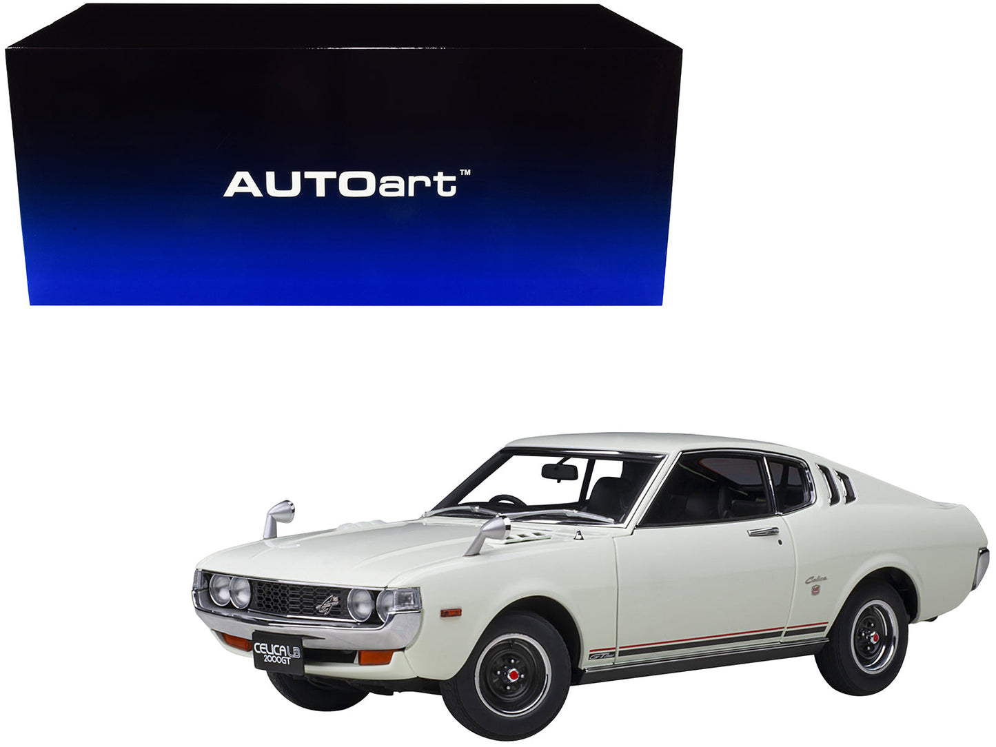 1973 Toyota Celica Liftback 2000GT (RA25) RHD (Right Hand Drive) White with Red and Black Stripes 1/18 Model Car by Autoart  free shipping USA