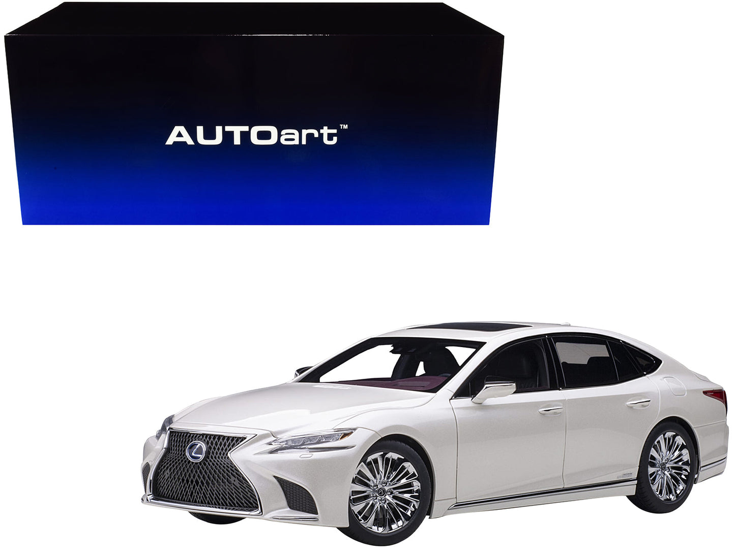 Lexus LS500h Sonic White Metallic with Crimson and Black Interior 1/18 Model Car by Autoart  free shipping USA