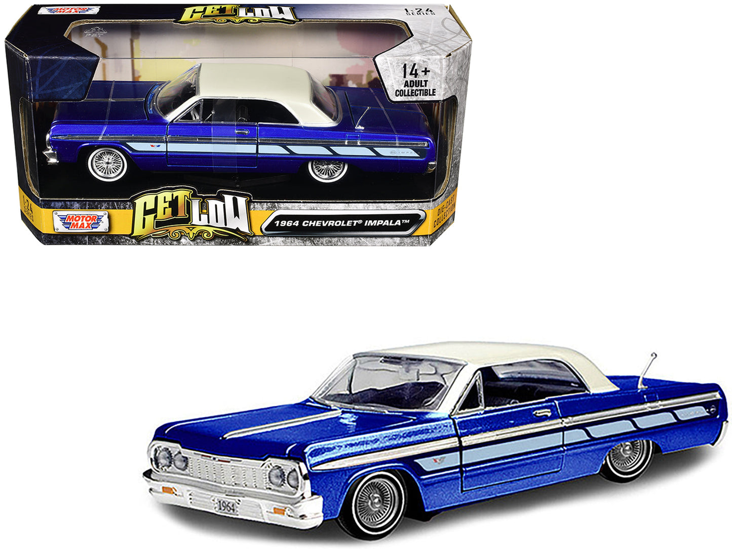 1964 Chevrolet Impala Lowrider Hard Top Candy Blue Metallic with Cream Top "Get Low" Series 1/24 Diecast Model Car by Motormax  free shipping USA