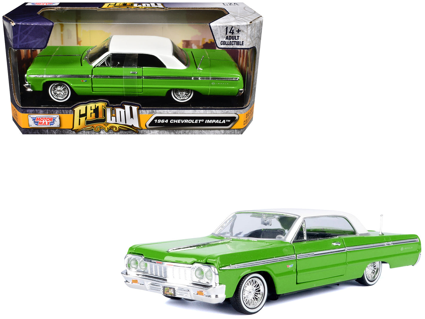 1964 Chevrolet Impala Lowrider Hard Top Green with White Top "Get Low" Series 1/24 Diecast Model Car by Motormax  free shipping USA