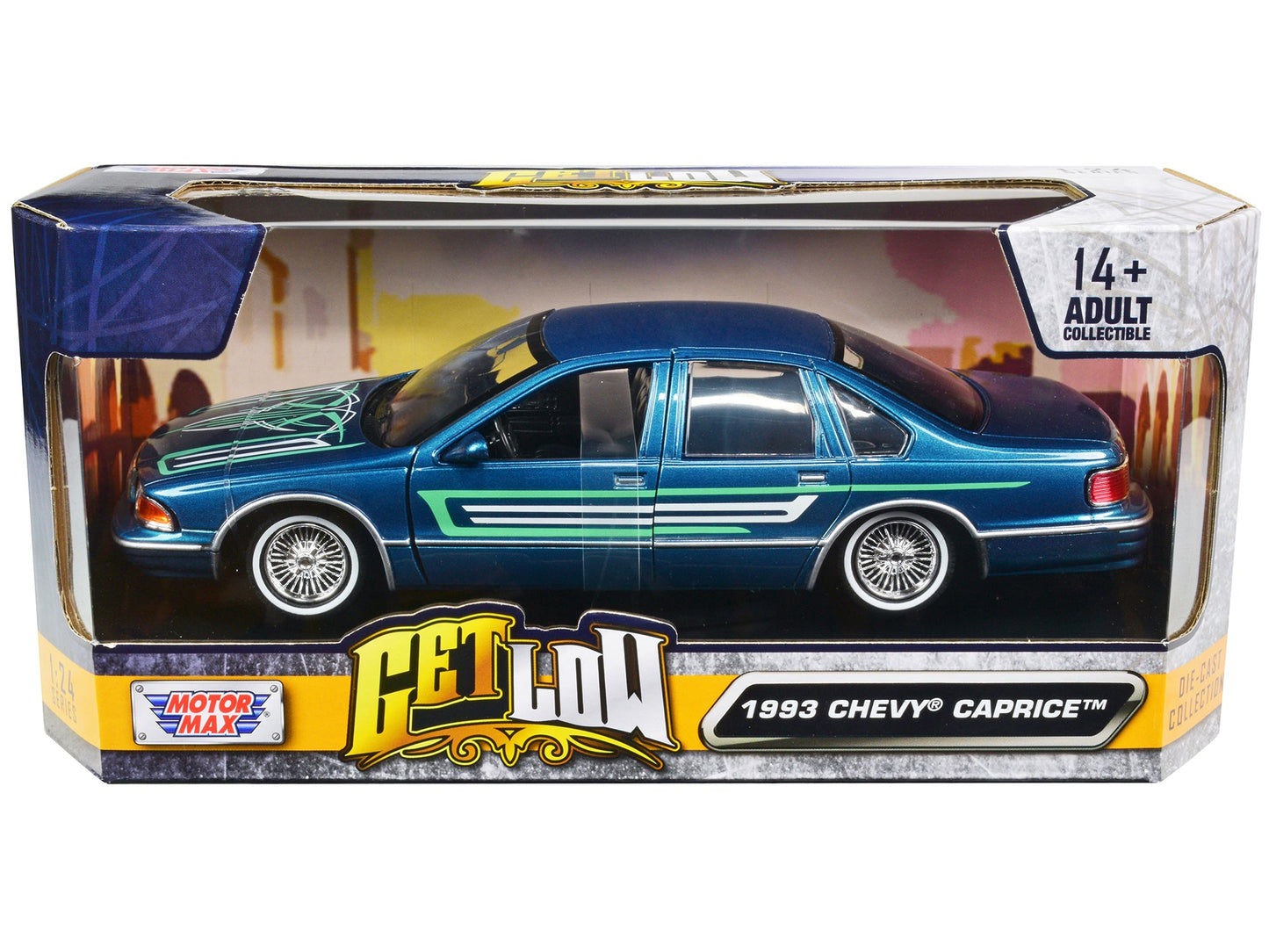 1993 Chevrolet Caprice Lowrider Blue Metallic with Graphics "Get Low" Series 1/24 Diecast Model Car by Motormax  free shipping USA