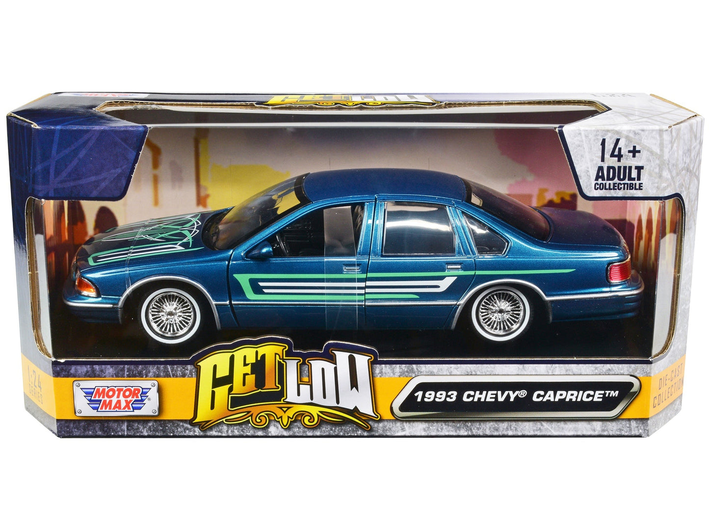 Top-Pick | 1993 Chevrolet Caprice Lowrider Blue Metallic with Graphics "Get Low" Series 1/24 Diecast Model Car by Motormax