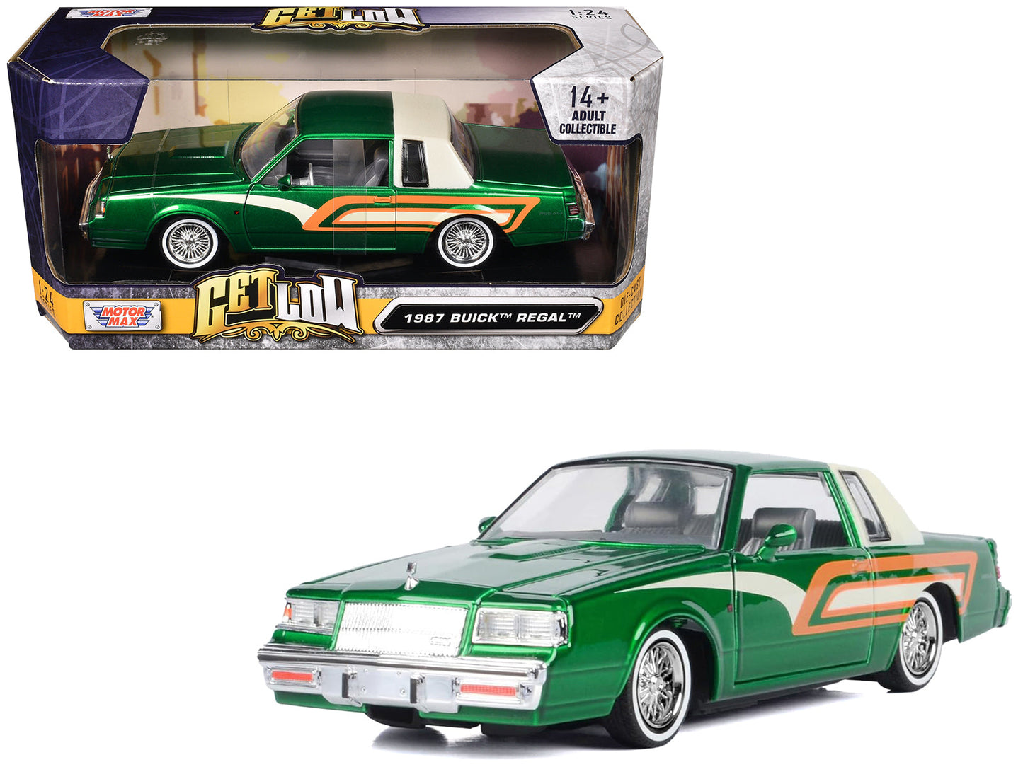 1987 Buick Regal 3.8 SFI Turbo Green Metallic and Cream with Graphics "Get Low" Series 1/24 Diecast Model Car by Motormax  free shipping USA
