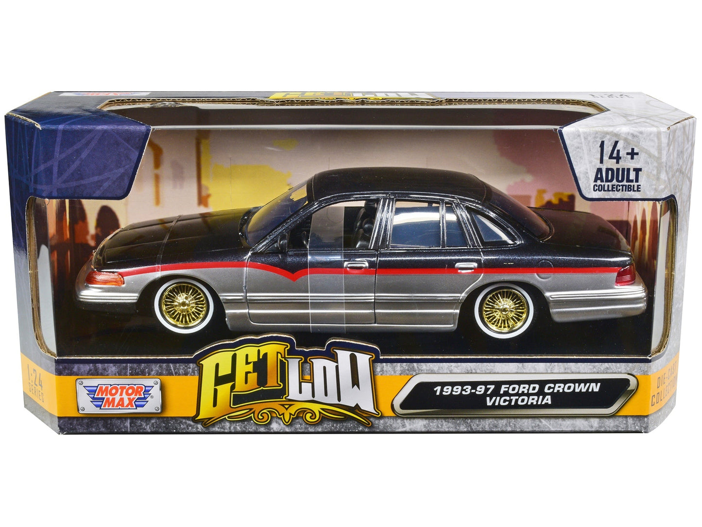 Top-Pick | 1993-1997 Ford Crown Victoria Lowrider Black Metallic and Silver with Red Stripes "Get Low" Series 1/24 Diecast Model Car by Motormax