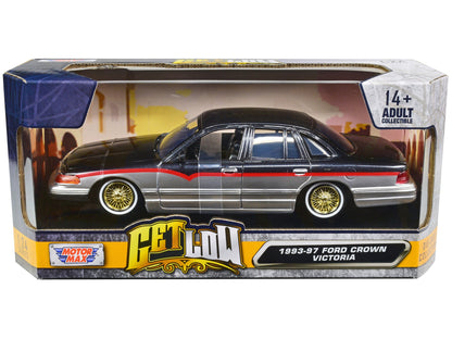 1993-1997 Ford Crown Victoria Lowrider Black Metallic and Silver with Red Stripes "Get Low" Series 1/24 Diecast Model Car by Motormax  free shipping USA