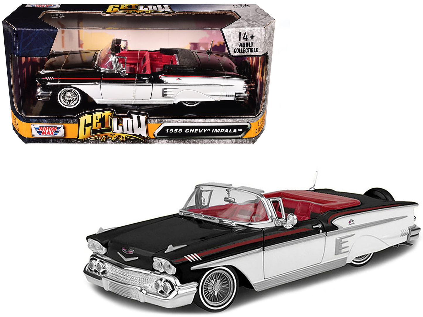 1958 Chevrolet Impala Convertible Lowrider Black and White with Red Interior "Get Low" Series 1/24 Diecast Model Car by Motormax  free shipping USA