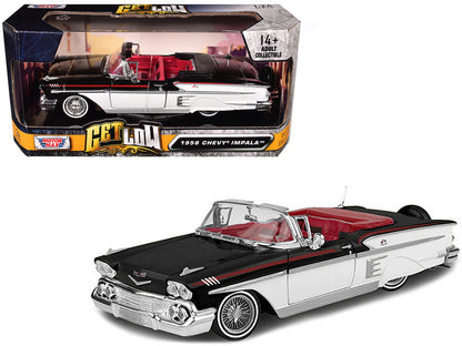 1958 Chevrolet Impala Convertible Lowrider Black and White with Red Interior "Get Low" Series 1/24 Diecast Model Car by Motormax  free shipping USA