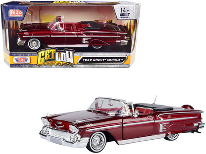 1958 Chevrolet Impala Convertible Lowrider Dark Red Metallic with Red Interior "Get Low" Series 1/24 Diecast Model Car by Motormax  free shipping USA