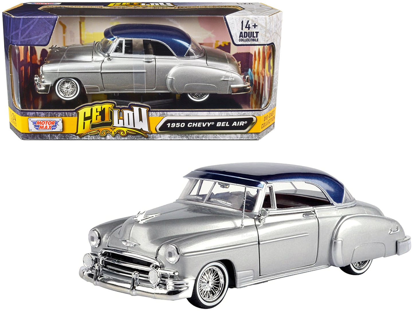 Top-Pick | 1950 Chevrolet Bel Air Lowrider Silver Metallic with Blue Metallic Top "Get Low" Series 1/24 Diecast Model Car by Motormax