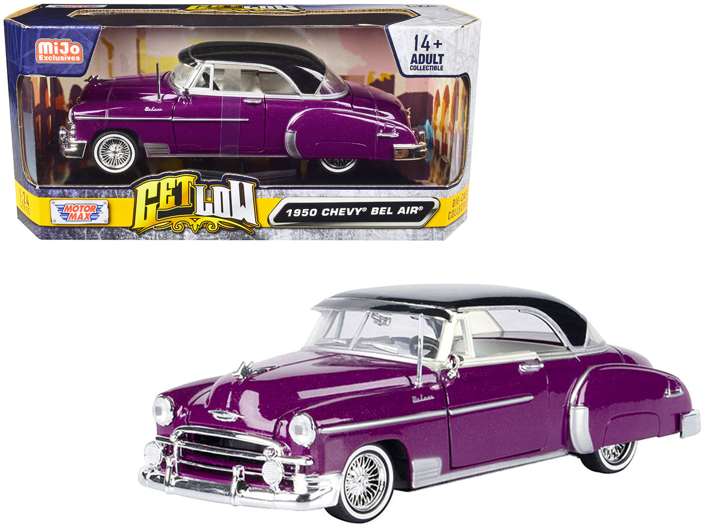1950 Chevrolet Bel Air Lowrider Purple Metallic with Black Top and White Interior "Get Low" Series 1/24 Diecast Model Car by Motormax  free shipping USA