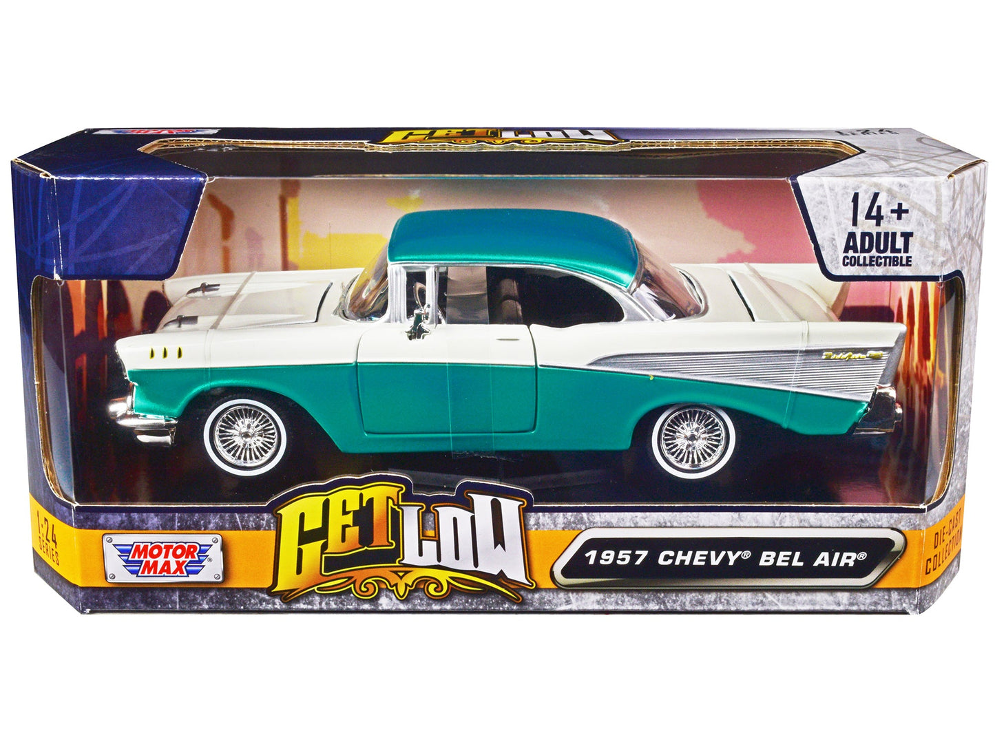 1957 Chevrolet Bel Air Lowrider Turquoise Metallic and White "Get Low" Series 1/24 Diecast Model Car by Motormax  free shipping USA