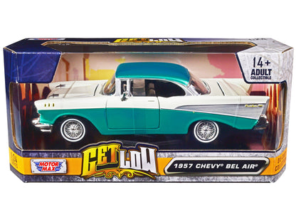 1957 Chevrolet Bel Air Lowrider Turquoise Metallic and White "Get Low" Series 1/24 Diecast Model Car by Motormax  free shipping USA