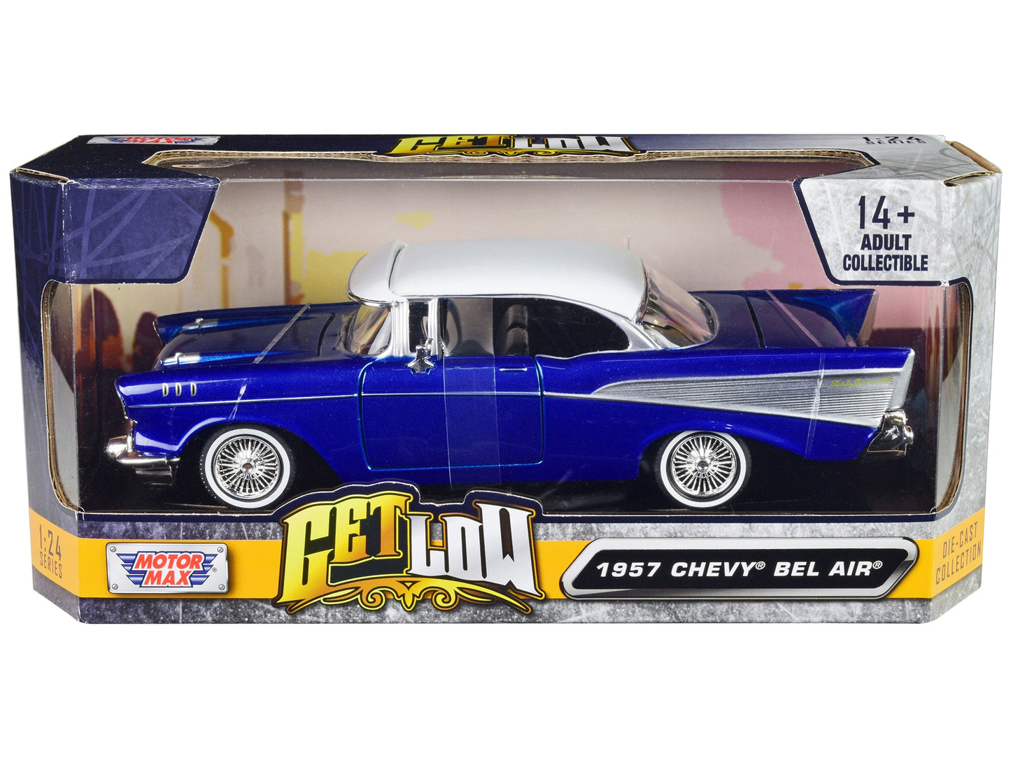 1957 Chevrolet Bel Air Lowrider Candy Blue with White Top "Get Low" Series 1/24 Diecast Model Car by Motormax  free shipping USA