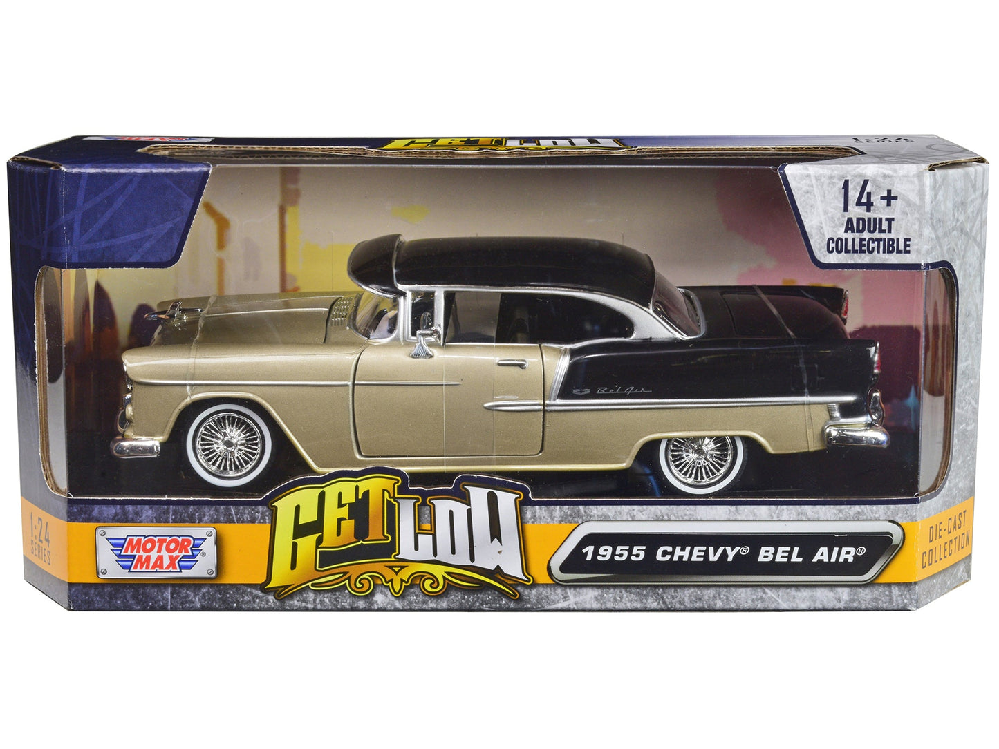 1955 Chevrolet Bel Air Lowrider Hard Top Beige Metallic and Black "Get Low" Series 1/24 Diecast Car Model by Motormax  free shipping USA