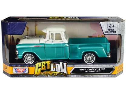 1957 Chevrolet 3100 Stepside Pickup Truck Lowrider Turquoise Metallic and White with White Interior "Get Low" Series 1/24 Diecast Model Car by Motormax  free shipping USA