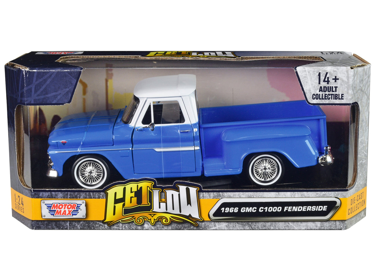 1966 GMC C1000 Fenderside Pickup Truck Lowrider Blue with White Top "Get Low" Series 1/24 Diecast Model Car by Motormax  free shipping USA