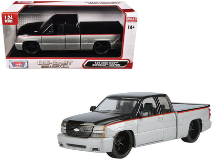 2006 Chevrolet Silverado Custom Pickup Truck Silver Metallic and Black with Red Stripes "Die-Cast Collection" Series 1/25 Diecast Model Car by Motormax  free shipping USA