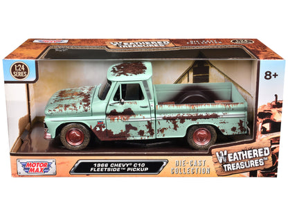 1966 Chevrolet C10 Fleetside Pickup Truck Light Green (Rusted) "Weathered Treasures" Series 1/24 Diecast Model Car by Motormax  free shipping USA