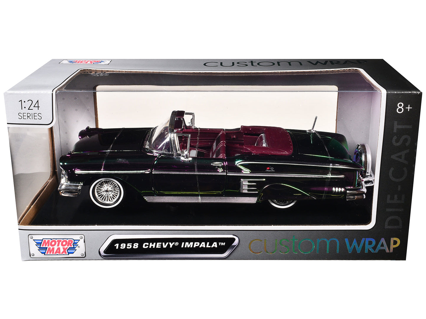 1958 Chevrolet Impala Green and Purple Chrome "Custom Wrap" Series 1/24 Diecast Model Car by Motormax  free shipping USA