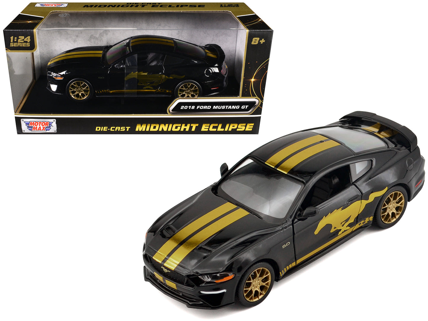 2018 Ford Mustang GT 5.0 Black with Gold Stripes and Graphics "Midnight Eclipse" Series 1/24 Diecast Model Car by Motormax  free shipping USA