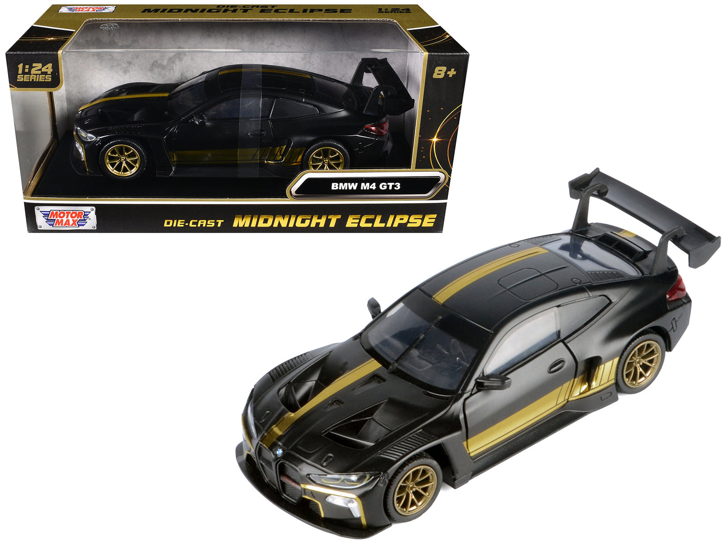 BMW M4 GT3 Matt Black with Gold Stripes "Midnight Eclipse" Series 1/24 Diecast Model Car by Motormax  free shipping USA