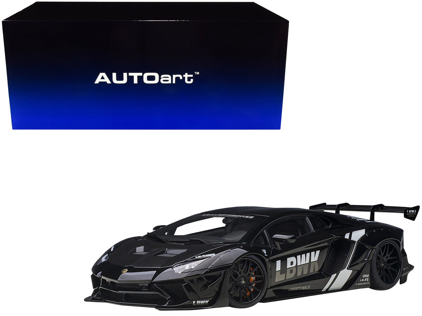 Lamborghini Aventador Liberty Walk LB-Works Livery Black with Carbon Hood Limited Edition 1/18 Model Car by Autoart  free shipping USA