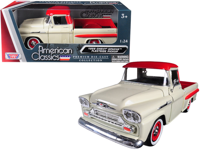 1958 Chevrolet Apache Fleetside Pickup Truck Cream with Red Top 1/24 Diecast Model Car by Motormax  free shipping USA