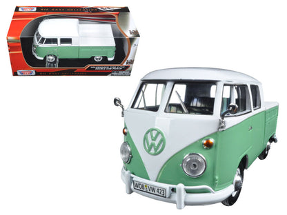 Volkswagen Type 2 (T1) Double Cab Pickup Truck White and Green 1/24 Diecast Model Car by Motormax  free shipping USA