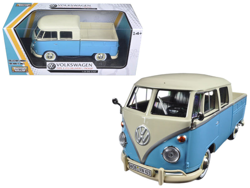 Volkswagen Type 2 (T1) Double Cab Pickup Truck Light Blue and Cream 1/24 Diecast Model Car by Motormax  free shipping USA