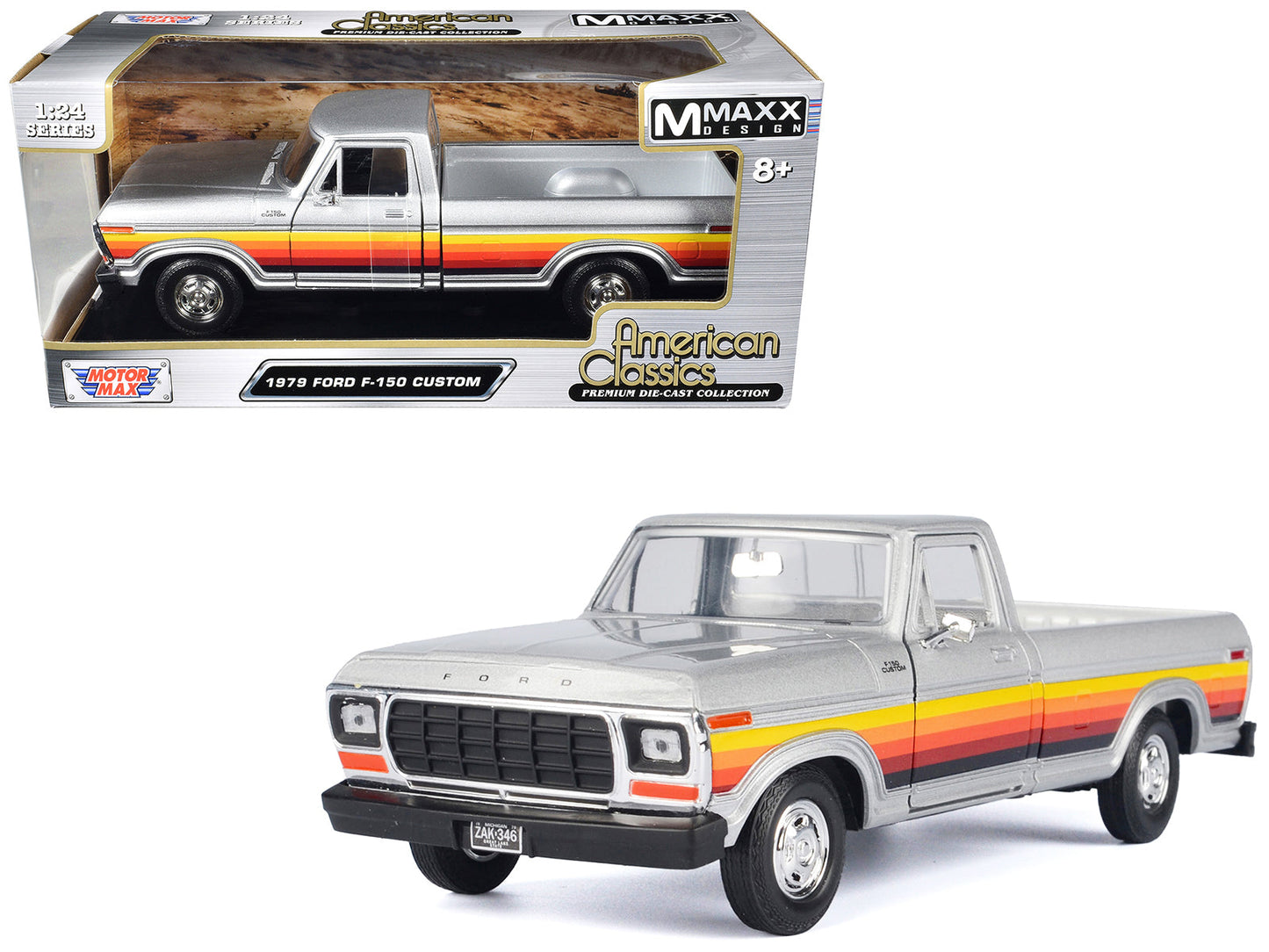 1979 Ford F-150 Custom Pickup Truck Silver Metallic with Side Stripes "American Classics" Series 1/24 Diecast Model Car by Motormax  free shipping USA
