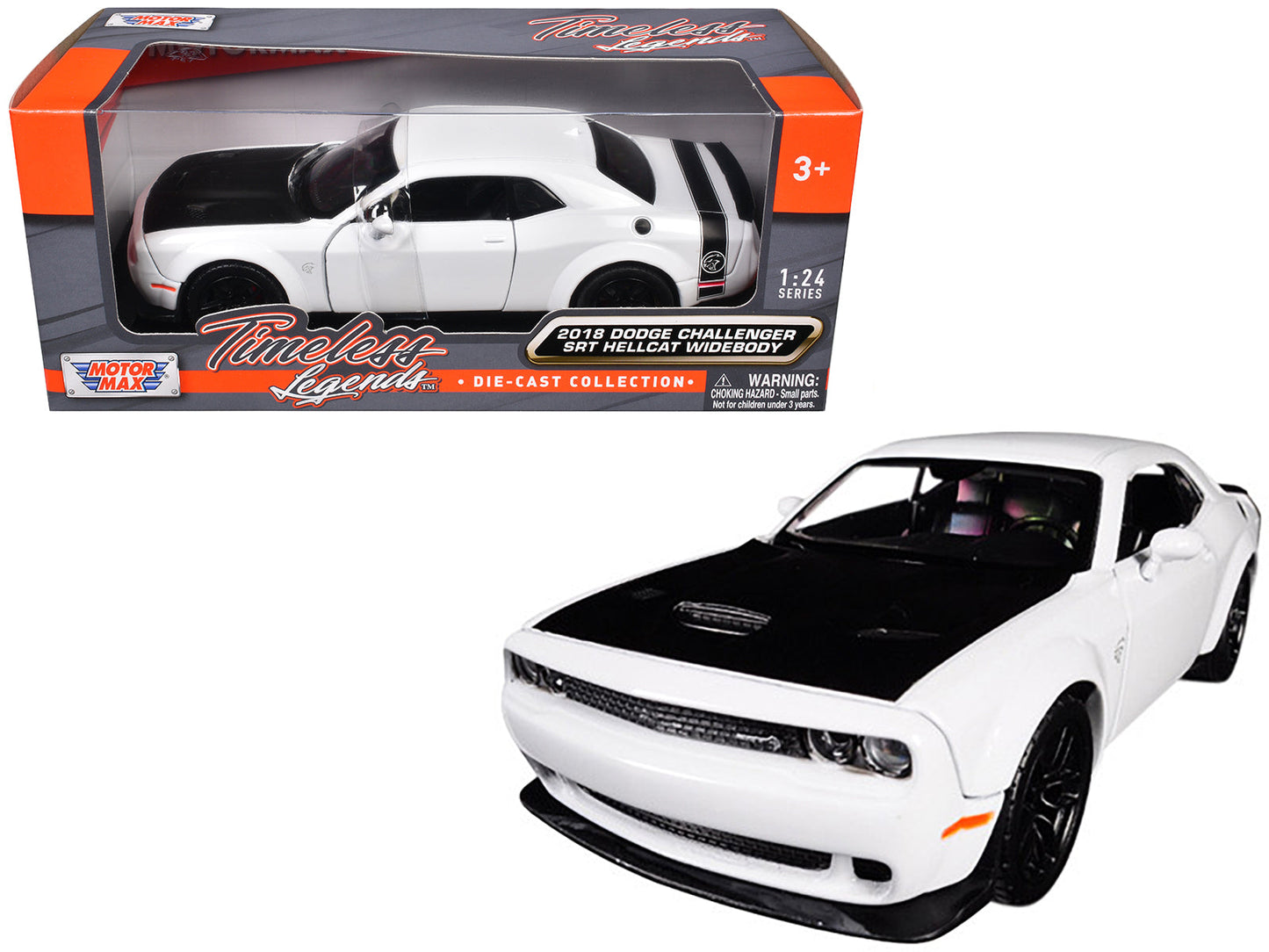 2018 Dodge Challenger SRT Hellcat Widebody White with Black Hood 1/24 Diecast Model Car by Motormax  free shipping USA