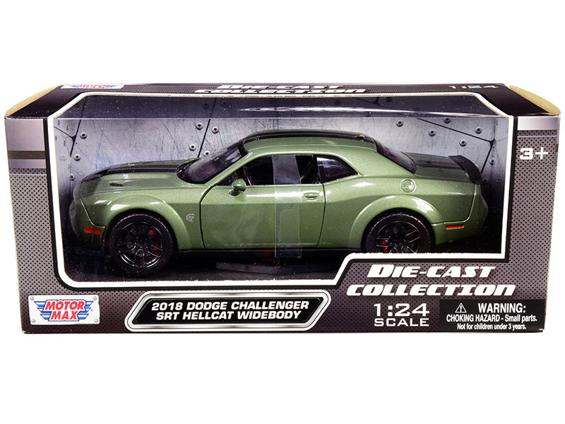 2018 Dodge Challenger SRT Hellcat Widebody Green Metallic with Black Stripes 1/24 Diecast Model Car by Motormax  free shipping USA
