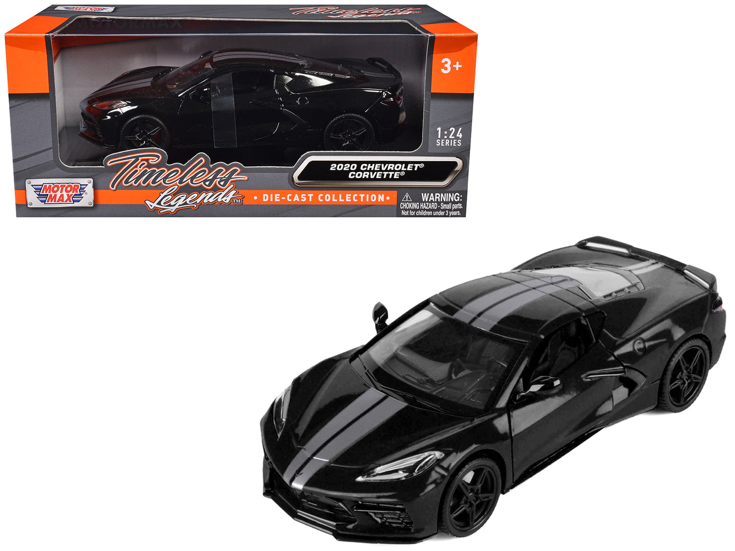 2020 Chevrolet Corvette C8 Stingray Black with Silver Stripes "Timeless Legends" Series 1/24 Diecast Model Car by Motormax  free shipping USA
