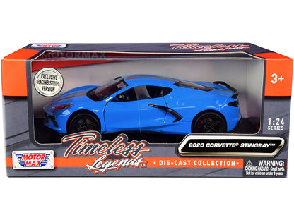 2020 Chevrolet Corvette C8 Stingray Blue with Silver Racing Stripes "Timeless Legends" 1/24 Diecast Model Car by Motormax  free shipping USA