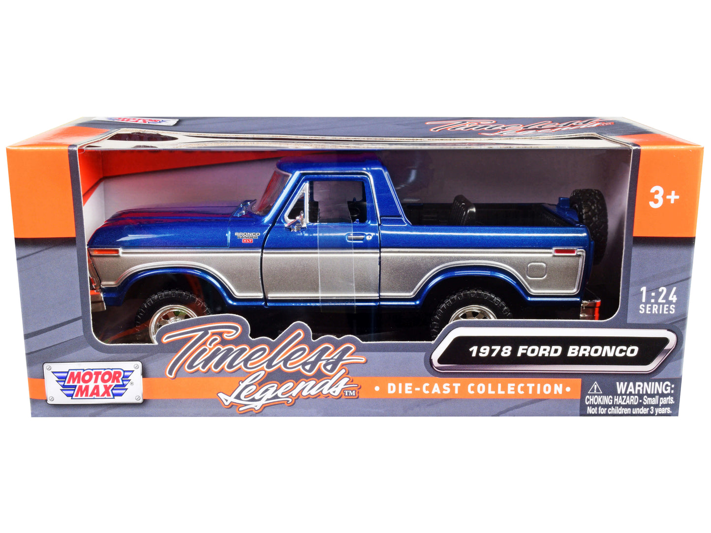 1978 Ford Bronco Ranger XLT (Open Top) with Spare Tire Blue Metallic and Silver "Timeless Legends" Series 1/24 Diecast Model Car by Motormax  free shipping USA