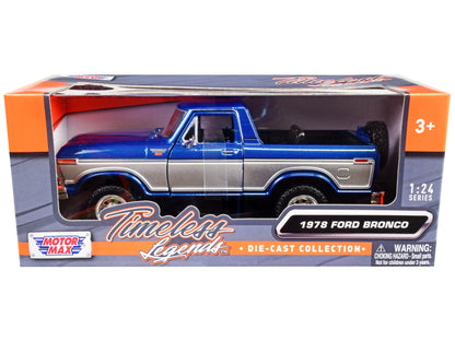 1978 Ford Bronco Ranger XLT (Open Top) with Spare Tire Blue Metallic and Silver "Timeless Legends" Series 1/24 Diecast Model Car by Motormax  free shipping USA