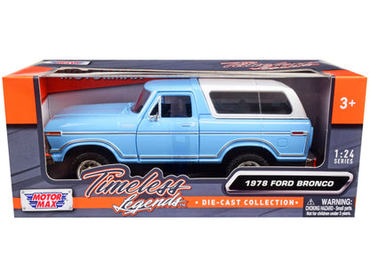 1978 Ford Bronco Custom Light Blue and White "Timeless Legends" Series 1/24 Diecast Model Car by Motormax  free shipping USA