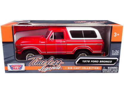 1978 Ford Bronco Custom Red and White "Timeless Legends" Series 1/24 Diecast Model Car by Motormax  free shipping USA