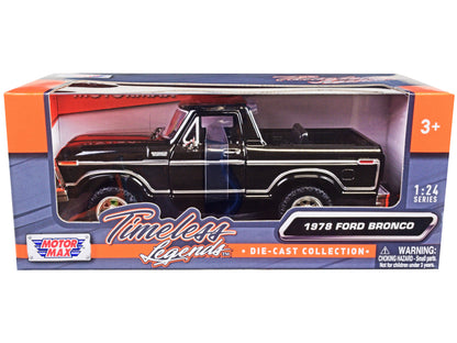 1978 Ford Bronco Custom (Open Top) Black "Timeless Legends" Series 1/24 Diecast Model Car by Motormax  free shipping USA
