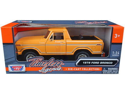 1978 Ford Bronco Custom (Open Top) Yellow with "Timeless Legends" Series 1/24 Diecast Model Car by Motormax  free shipping USA