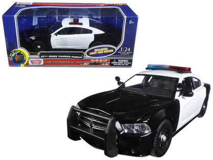 2011 Dodge Charger Pursuit Police Car Black and White with Flashing Light Bar and Front and Rear Lights and 2 Sounds 1/24 Diecast Model Car by Motormax  free shipping USA