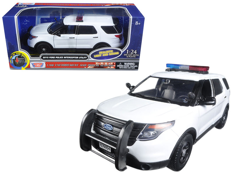 2015 Ford Police Interceptor Utility White with Flashing Light Bar and Front and Rear Lights and 2 Sounds 1/24 Diecast Model Car by Motormax  free shipping USA