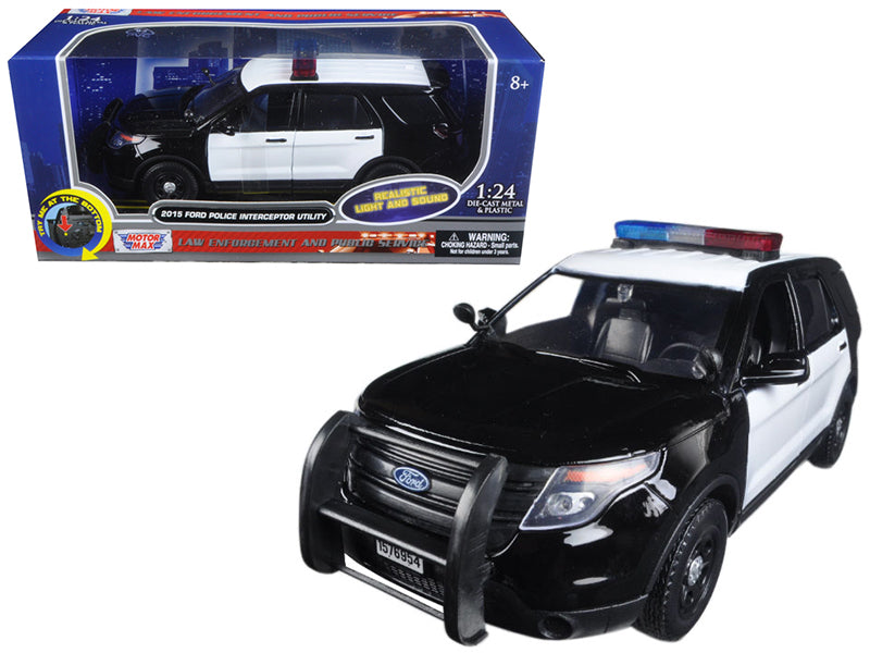 2015 Ford Police Interceptor Utility Black and White with Flashing Light Bar and Front and Rear Lights and 2 Sounds 1/24 Diecast Model Car by Motormax  free shipping USA