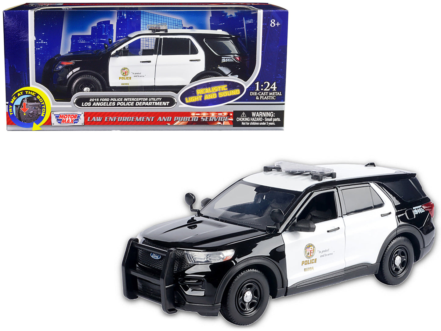 2015 Ford Police Interceptor Utility Black and White "Los Angeles Police Department (LAPD)" with Flashing Light Bar and Front and Rear Lights and Sounds 1/24 Diecast Model Car by Motormax  free shipping USA