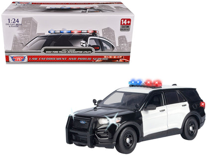 2022 Ford Police Interceptor Utility Black and White "Builder's Kit" with Flashing Light Bar and Front and Rear Lights and Sounds 1/24 Diecast Model Car by Motormax  free shipping USA