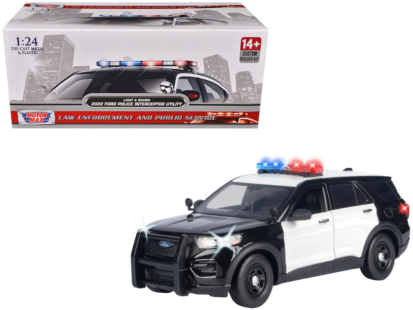 2022 Ford Police Interceptor Utility Black and White "Builder's Kit" with Flashing Light Bar and Front and Rear Lights and Sounds 1/24 Diecast Model Car by Motormax  free shipping USA