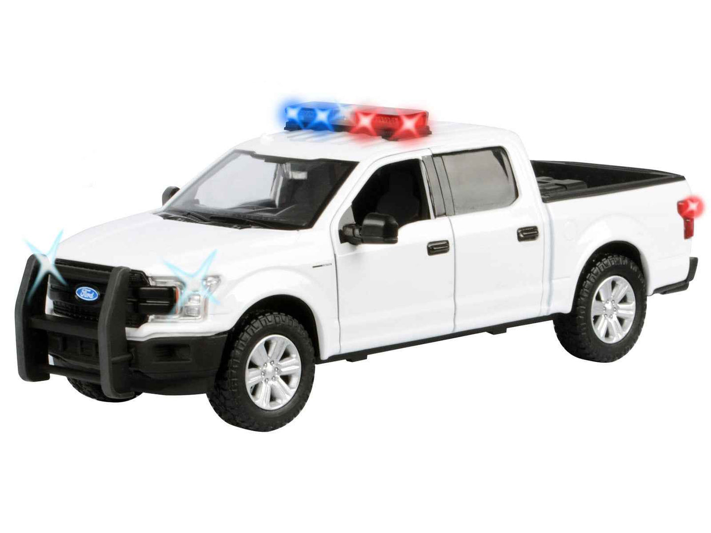 2019 Ford F-150 Lariat Crew Cab Pickup Truck White with Flashing Light Bar and Front and Rear Lights and Sounds 1/24-1/27 Diecast Model Car by Motormax